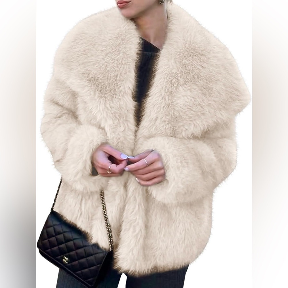 Plush Faux Fur Cream Coat - Women's Jacket & Coat